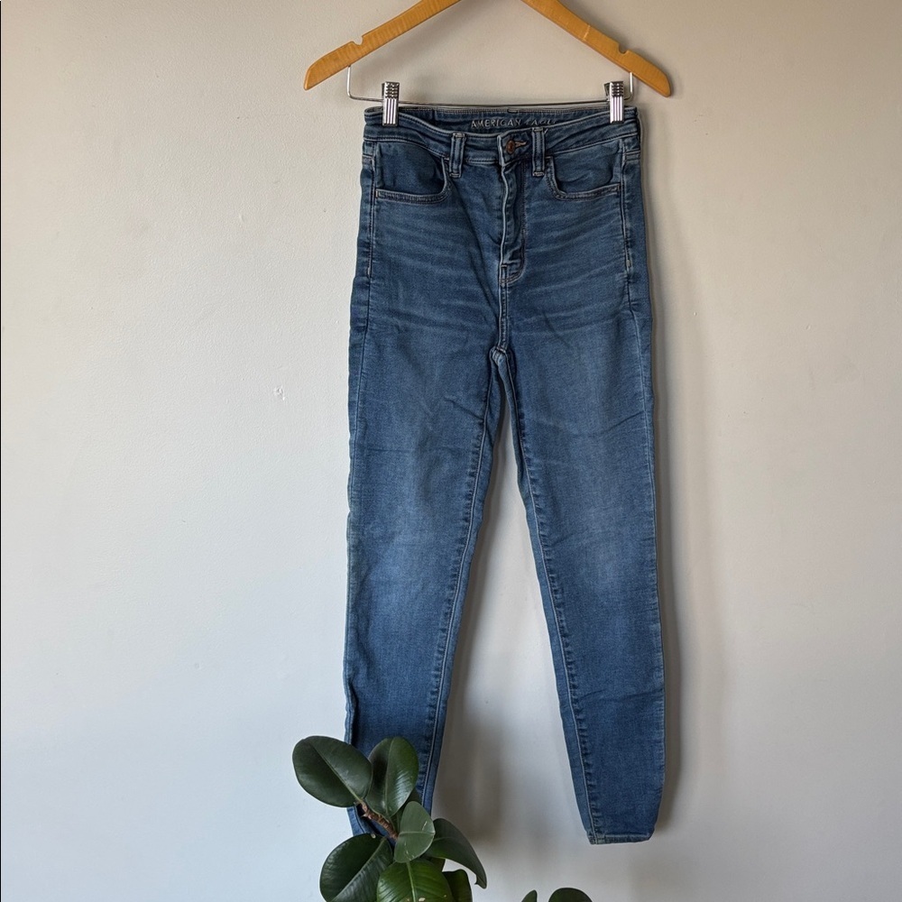 American Eagle High Rise Skinny Jeans Blue Stretch Size 2 Jegging